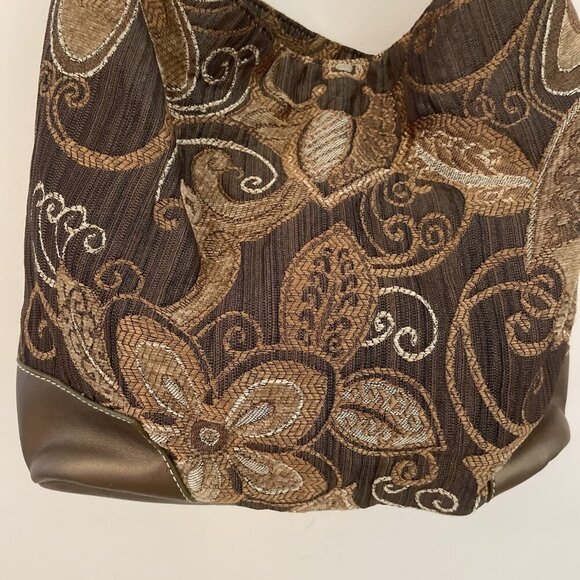 Caribbean Joe Shoulder Handbag Tote Brown Floral Tapestry Faux Leather Trim Boho - Picture 5 of 14